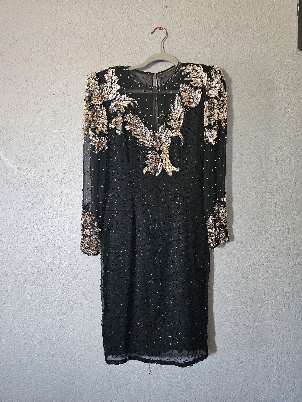 Niteline Black Long Sleeve Beaded Sequin Dress with Gold Embroidery